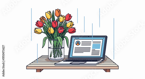 Laptop and Tulips on Table Illustration.