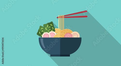 Delicious Ramen Bowl with Chopsticks and Seaweed - Flat Design