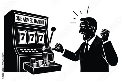 Excited businessman celebrating a jackpot win on a one armed bandit slot machine with triple sevens