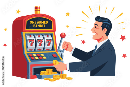 Excited businessman playing one armed bandit slot machine and winning big jackpot prize money illustration