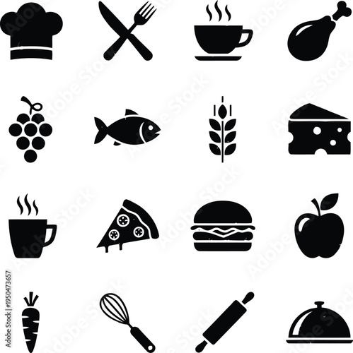 Food icons including chef hat, utensils, and various dishes on a plate