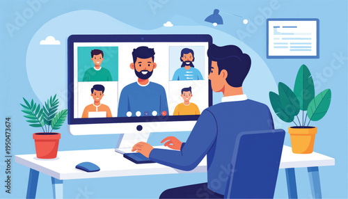 Man on Video Call at Desk.