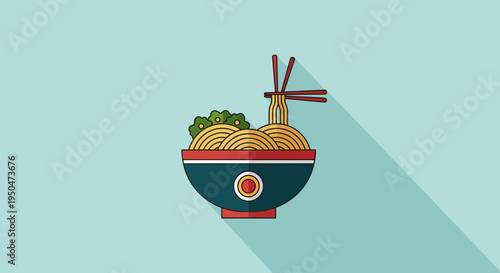 Flat Design Ramen Bowl with Chopsticks and Long Shadow
