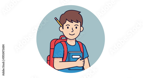 Happy Boy with Backpack and Book, Ready for School