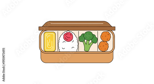 Healthy Bento Box Lunch: Rice, Egg, Broccoli, and Meatballs