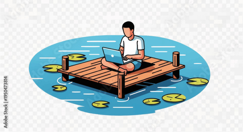 Man Working on Laptop on Floating Dock.