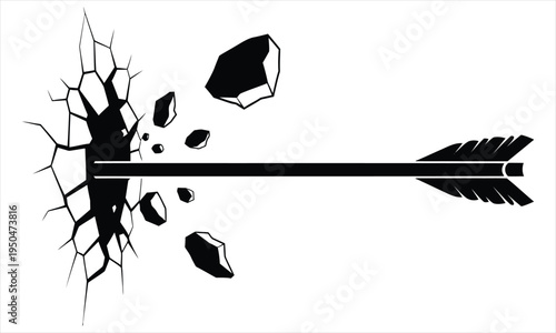 Black arrow piercing through a cracked wall with debris flying around it on white background