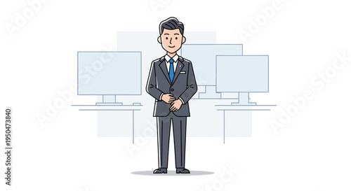 Professional businessman in suit standing in office with computers