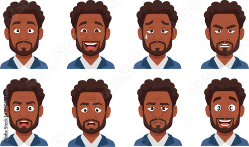 African Man Facial Expression Set Showing Different Emotions Happy Sad Angry Confused Surprised Cartoon Male Character Avatar Vector Illustration Collection