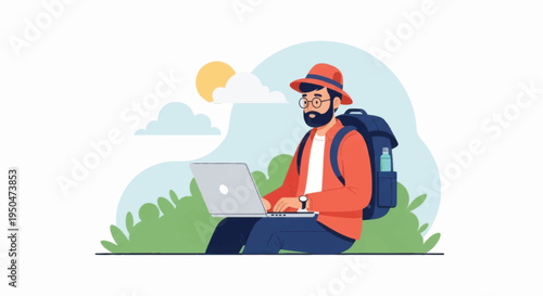 Man Working on Laptop Outdoors.