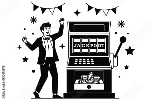 Excited man in formal suit waving arm near slot machine showing jackpot win with coins spilling out
