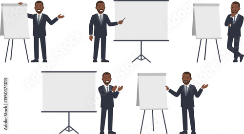 Businessman Presentation Vector Collection Featuring Professional Male Character Giving Corporate Presentation with Flip Chart, Whiteboard, and Projector Screen in Office Scenes