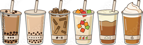 Bubble Tea and Iced Coffee Drinks Vector Collection Featuring Boba Milk Tea, Fruit Jelly Beverages, Smoothies, and Sweet Cafe Drinks in Takeaway Cups