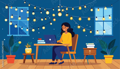 Woman Working on Laptop at Desk.