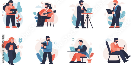 Diverse individuals engaged in various modern activities, digitally rendered