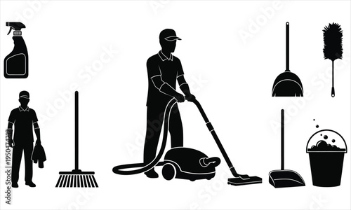 Silhouette of janitor and cleaning supplies on white background for maintenance concepts