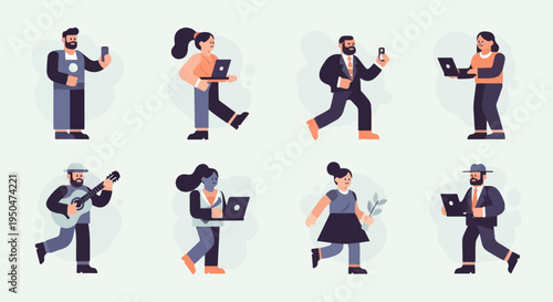 Diverse individuals engaged in various modern activities, some with laptops, others with phones or musical instruments