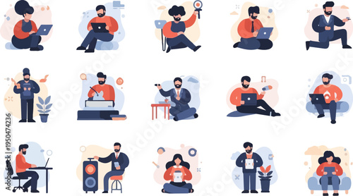 Diverse individuals engaged in various digital and creative activities