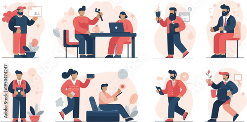 Diverse individuals engaged in various modern activities, showcasing technology and casual interaction