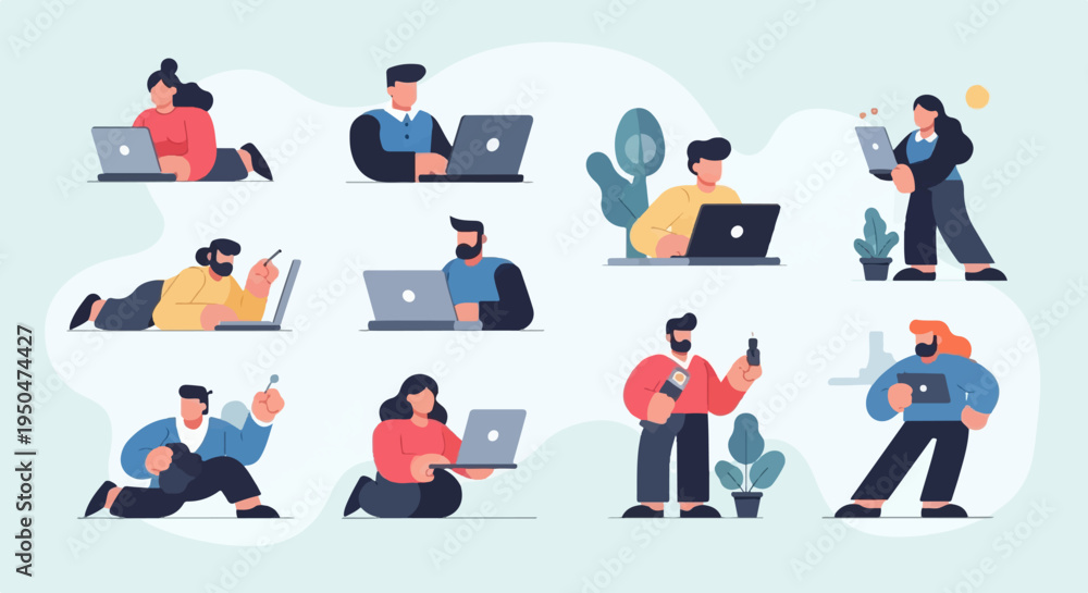 Fototapeta premium Diverse individuals interacting with devices and engaging in various activities