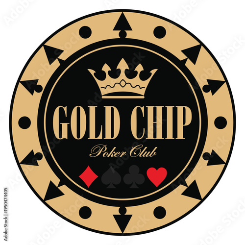 Vintageinspired poker club logo design with golden crown and playing card symbols elegantly arranged in a circle frame