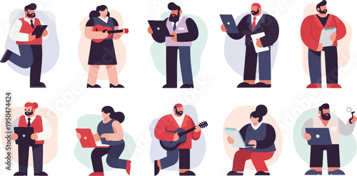 Diverse individuals with laptops, guitars, and tablets in a modern, flat style