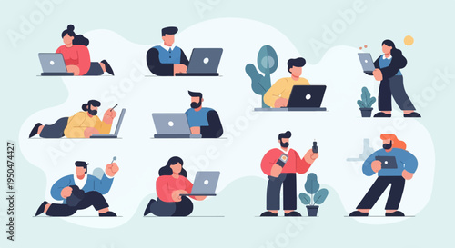 Diverse individuals interacting with devices and engaging in various activities