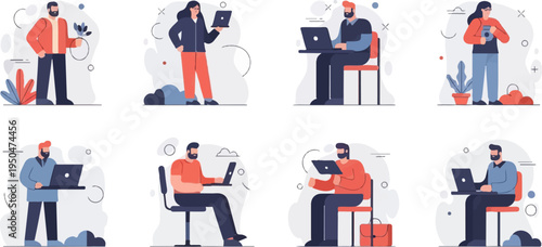 Diverse individuals working remotely with laptops and plants, modern abstract design