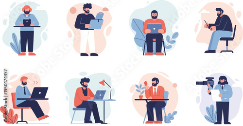 Diverse men engaged in various professional activities, depicting modern work scenarios