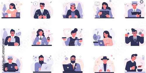 Diverse modern professionals using technology and enjoying refreshments