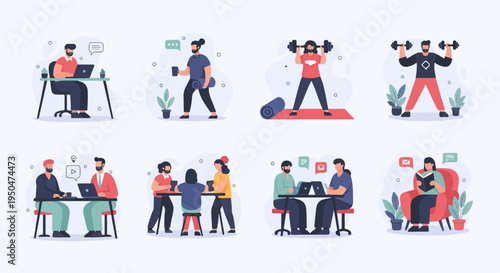 Diverse people engage in work, fitness, and relaxation activities