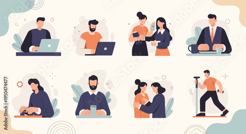 Diverse people engage in various activities, from work to leisure and fitness