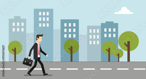Businessman walking on city street with briefcase, modern buildings and trees background