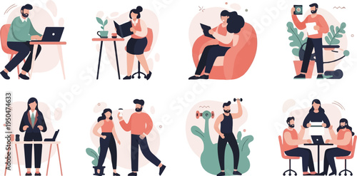 Diverse people engaged in work, relaxation, and fitness activities