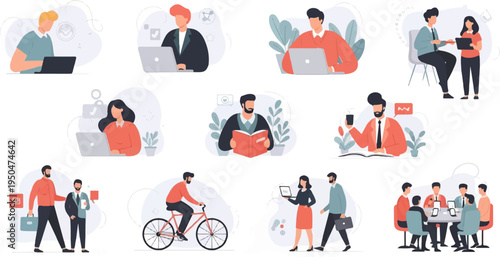 Diverse people engaging in modern work and leisure activities, showcasing technology and collaboration