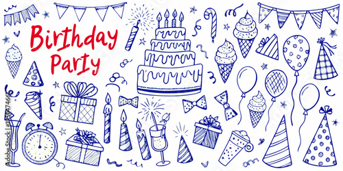 Hand drawn birthday party doodles with cake balloons and celebratory items