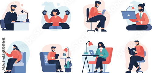 Diverse people engaging in various work and leisure activities indoors