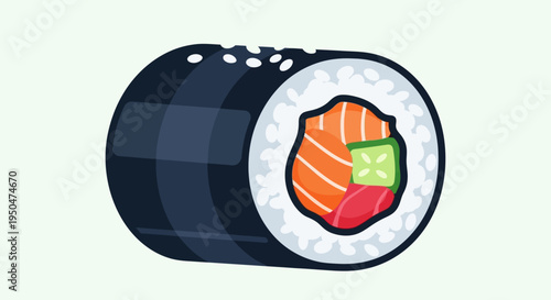 Delicious Sushi Roll with Salmon and Cucumber, Japanese Cuisine, Food Illustration