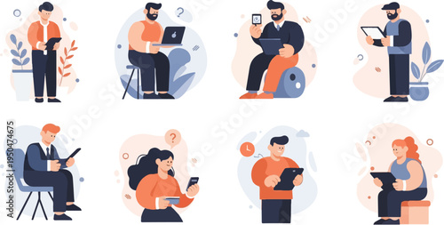 Diverse people using digital devices in abstract settings