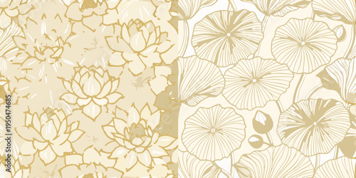 Elegant floral pattern featuring stylized lotus flowers in golden tones