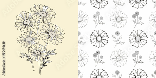 Floral illustration featuring daisies in a split patterned design