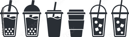 Bubble Tea Drink Cups Icon Set with Different Boba Milk Tea Beverages Takeaway Plastic Cups Straw and Tapioca Pearls Vector Illustration
