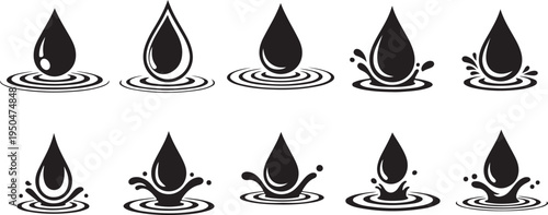 Set of water drop icons with ripples and splashes