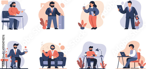 Diverse professionals in various work and leisure settings, engaged with technology and beverages