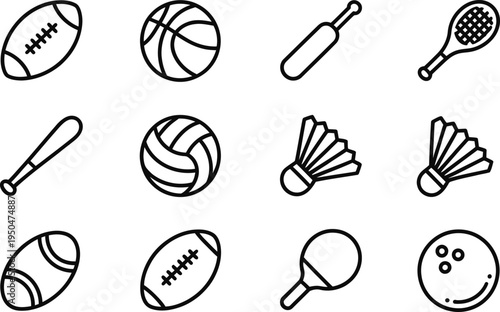 Sports Equipment Icons: Football, Basketball, Tennis, Cricket, Bowling, Ping Pong