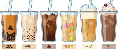Bubble Tea and Iced Drink Vector Collection Featuring Different Boba Milk Tea, Fruit Beverages, and Cold Cafe Drinks in Transparent Cups