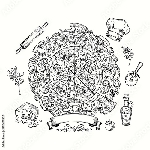 Delicious homemade pizza with various toppings and ingredients on a table