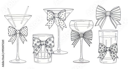 Cocktail Glasses with Festive Bows - Hand-Drawn Illustration