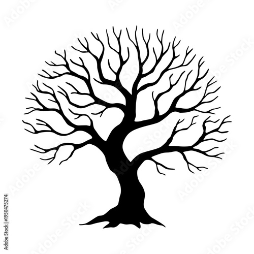 Emotionally stark tree silhouette against pristine empty background. Minimalist depiction of leafless tree illustrating solitude and enduring strength through skeletal branches