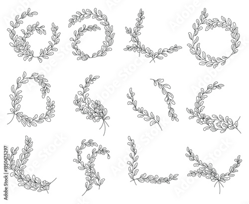 Simple branch of the eucalyptus plant, decorative with rounded leaves. Graphic line art hand drawn ink black and white illustration vector clip art. Separate element isolated